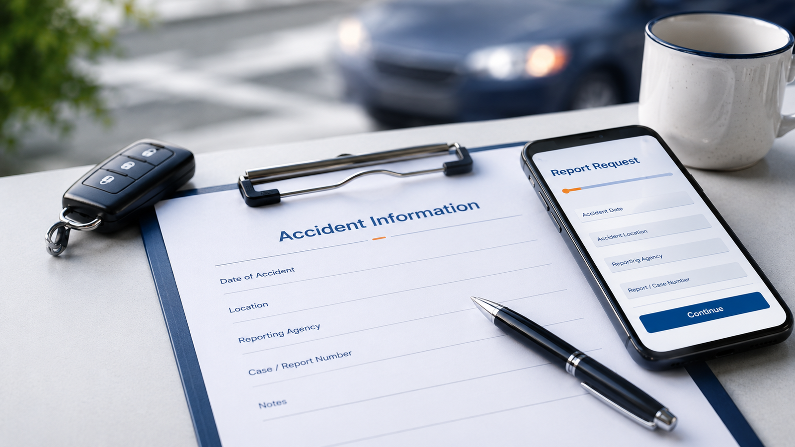 Clipboard with an accident information form beside car keys and a phone
